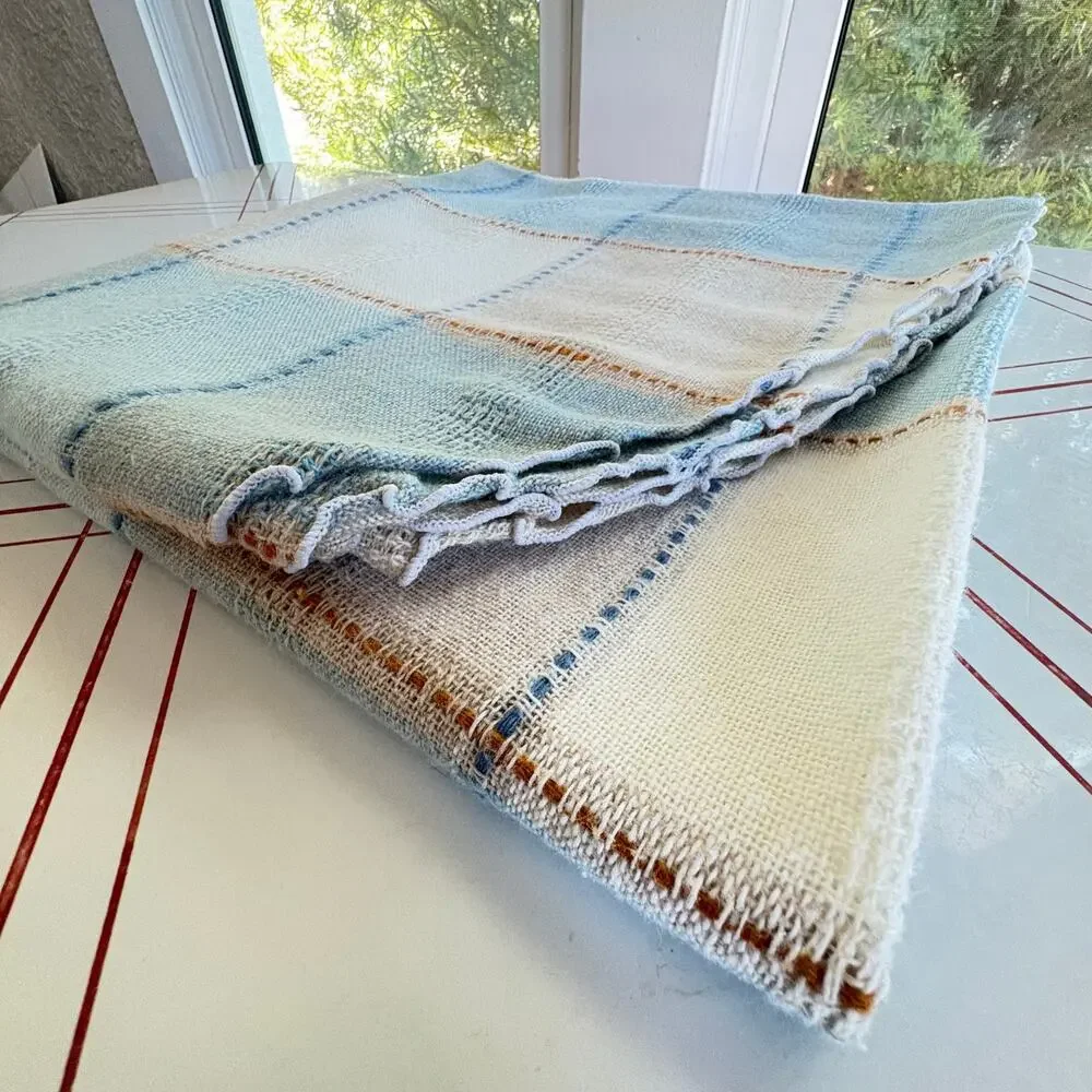 Vintage Blue Cream Plaid Round Tablecloth 64 Inch